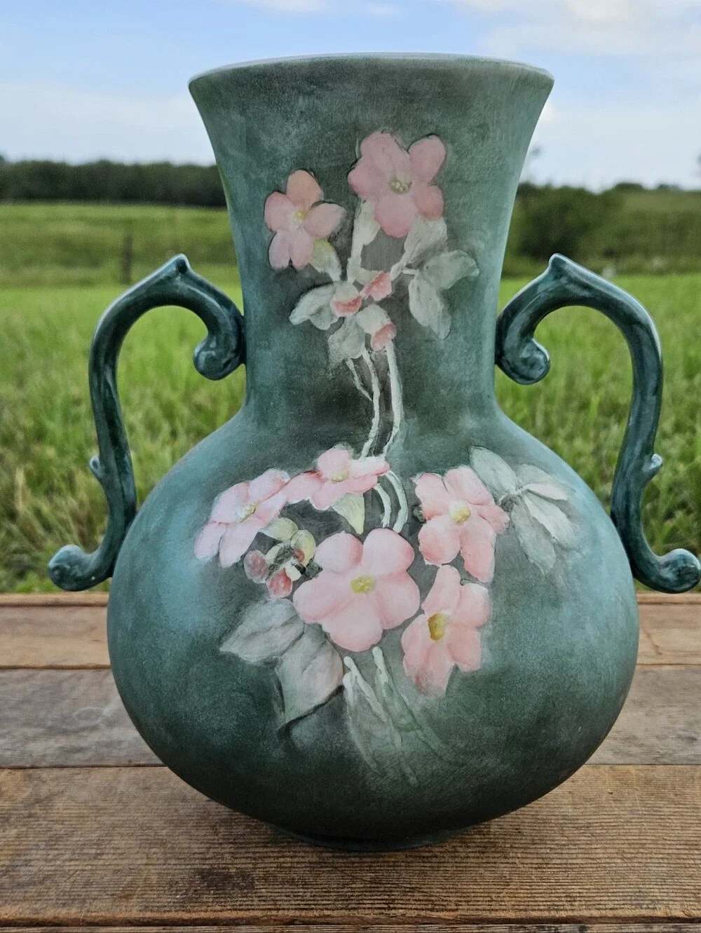 VINTAGE ART POTTERY Vase Green Matte Pink Wild Rose Floral Two Handled Antique